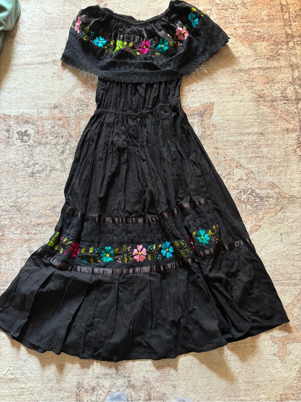Black Off-Shoulder Floral Embroidered Maxi Dress